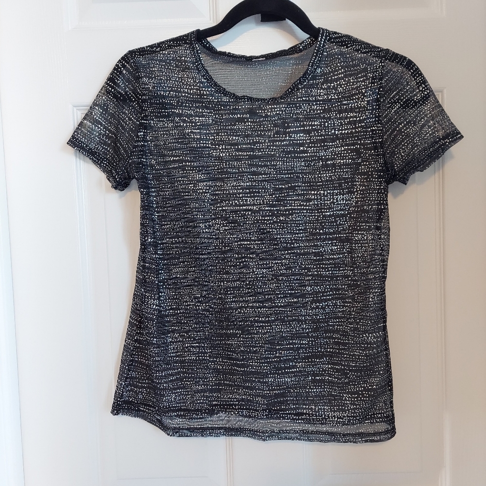 Black sheer mesh top with metallic patern
